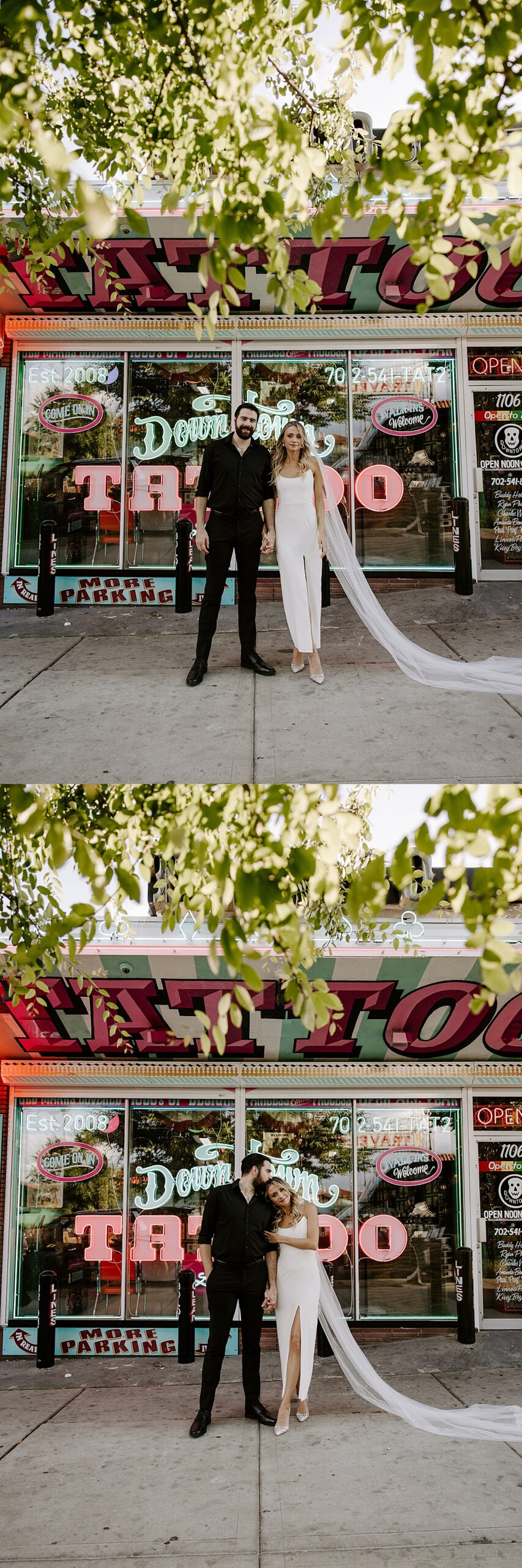 Husband and wife hold hands outside their Downtown Tattoo elopement