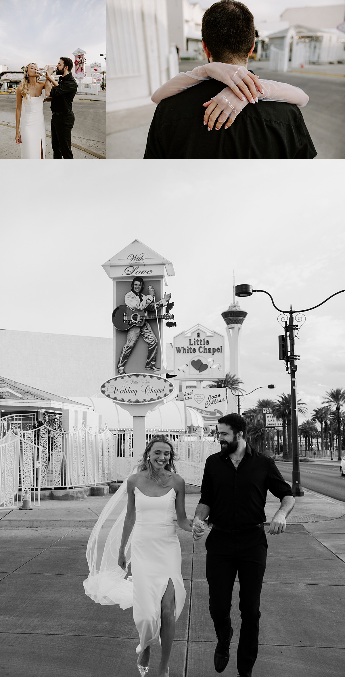 Couple holds hands and walks down the sidewalk in front of the Little White Chapel by Katelyn Faye Photography