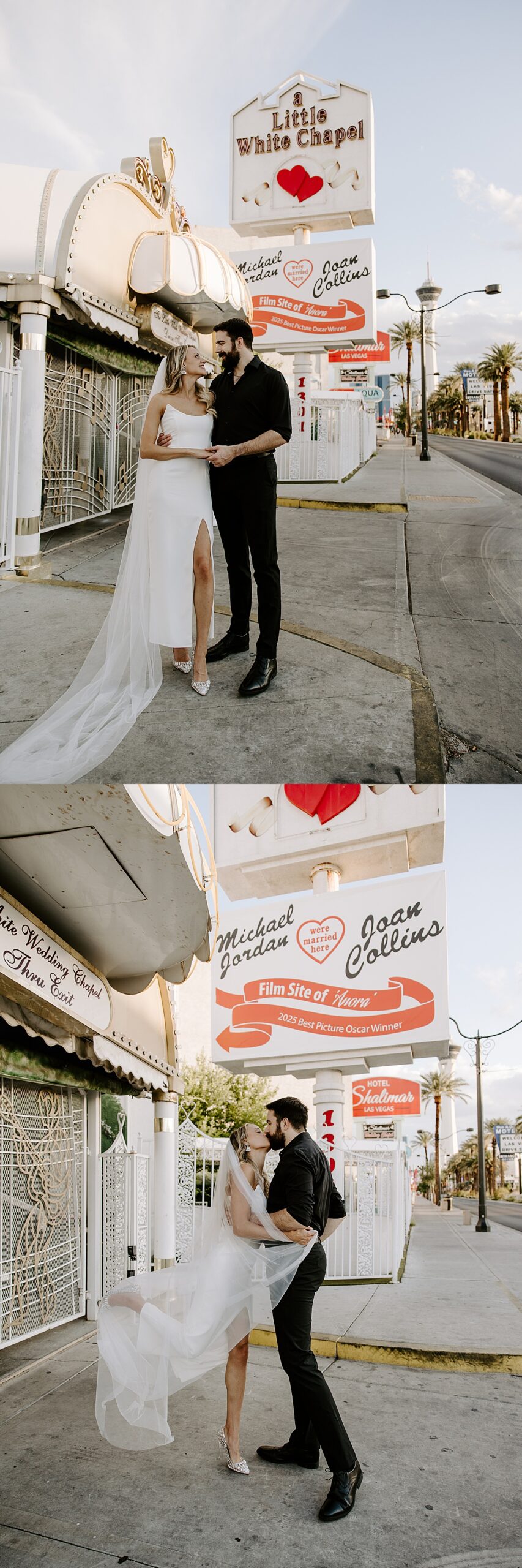 Couple kisses in front of the Little White Chapel by Las Vegas Wedding photographer