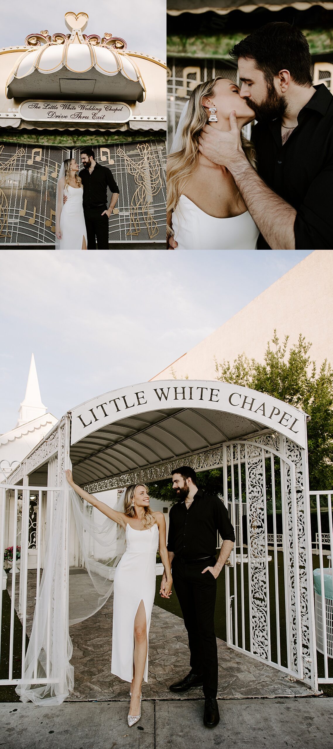 Newlyweds kiss in front of the Little White Chapel in Vegas by Katelyn Faye Photography