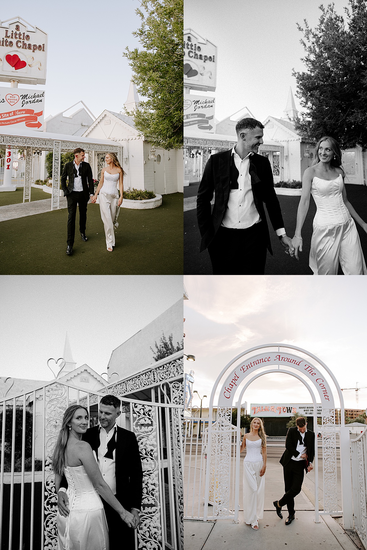 Couple walks while holding hands outside the chapel in Vegas by Katelyn Faye Photography