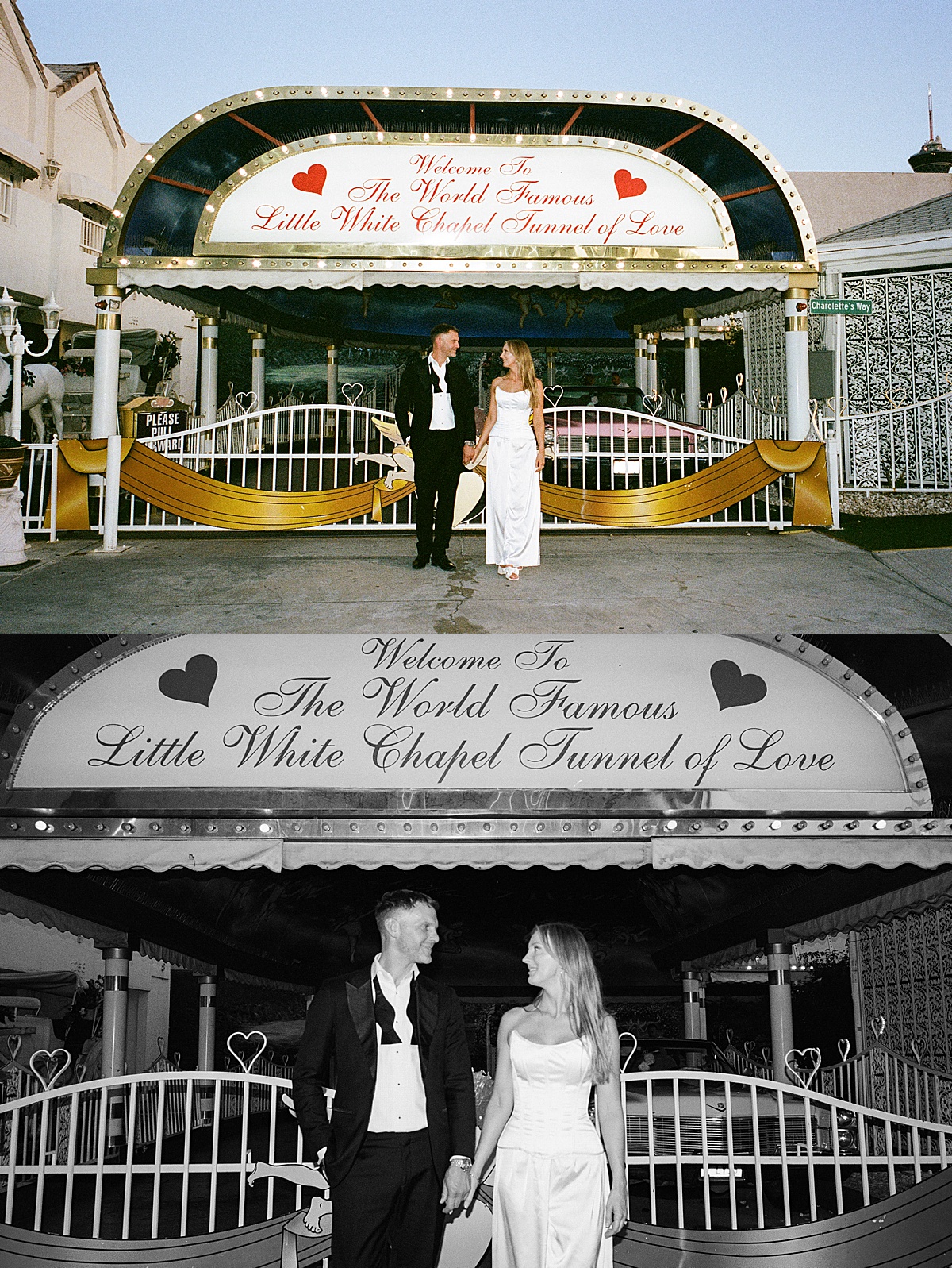 Husband and wife hold hands outside the chapel after their LWC elopement