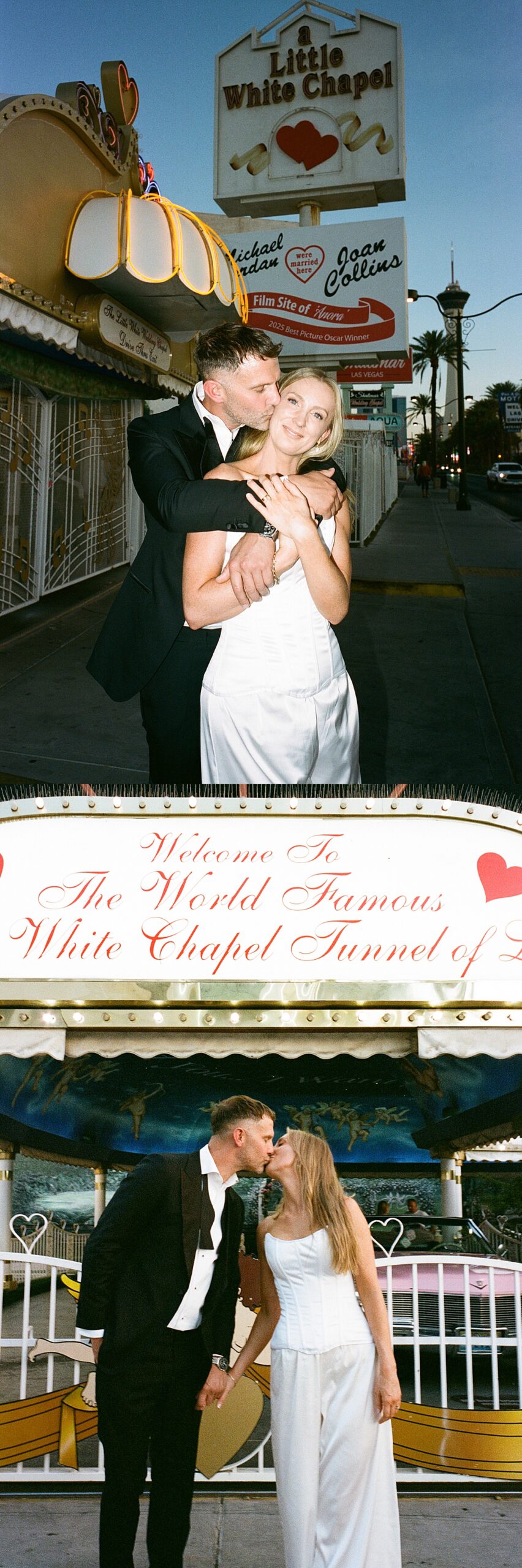 Newlyweds kiss outside the chapel by Las Vegas Wedding Photographer