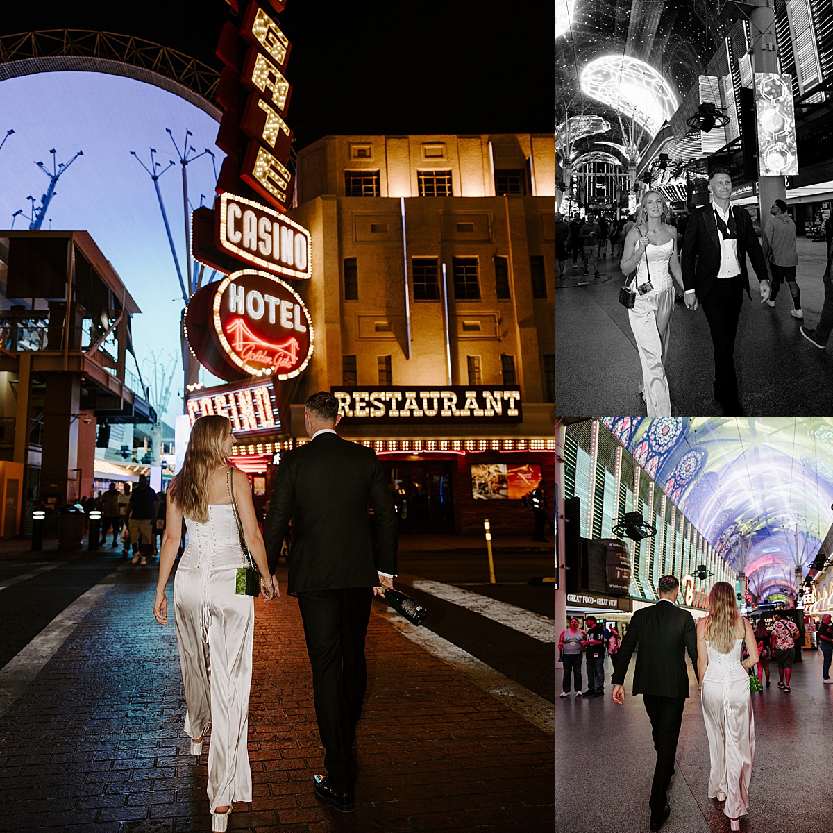 Man and woman hold hands and walk down fremont street after their LWC elopement