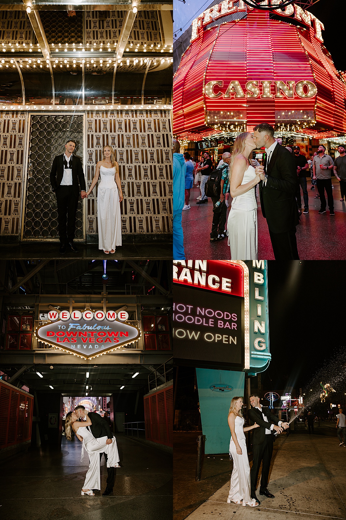 Husband and wife hold hands outside casino by Las Vegas Wedding Photographer