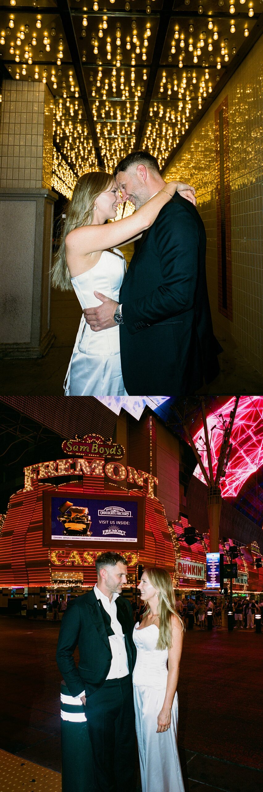 Woman wraps arms around man under twinkle lights by Katelyn Faye Photography