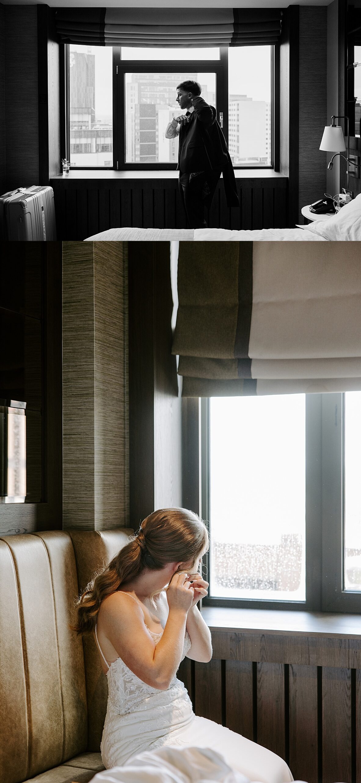 Bride puts on earrings in her wedding dress before her Dunluce Castle Wedding