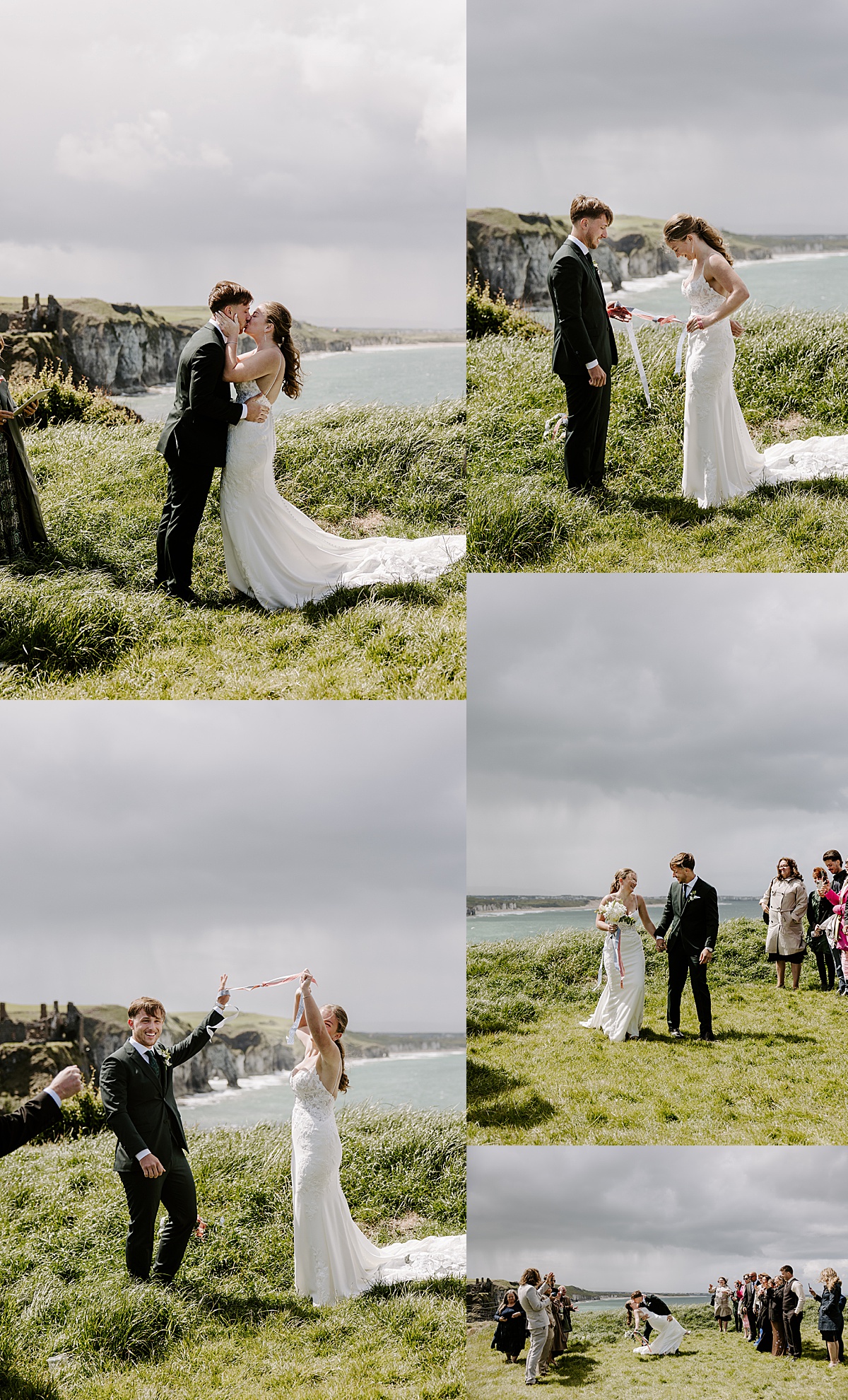 Man and woman share a first kiss at their Dunluce Castle Wedding