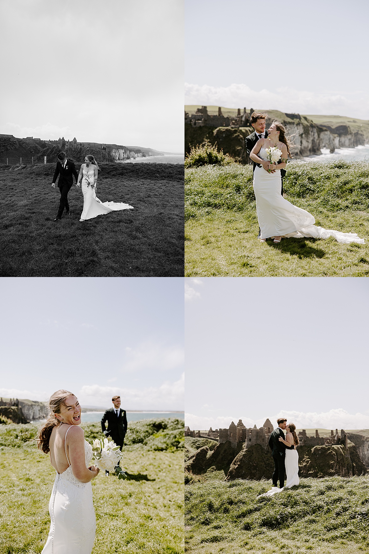 Newlyweds walk hand in hand along the cliffside after their Dunluce Castle Wedding