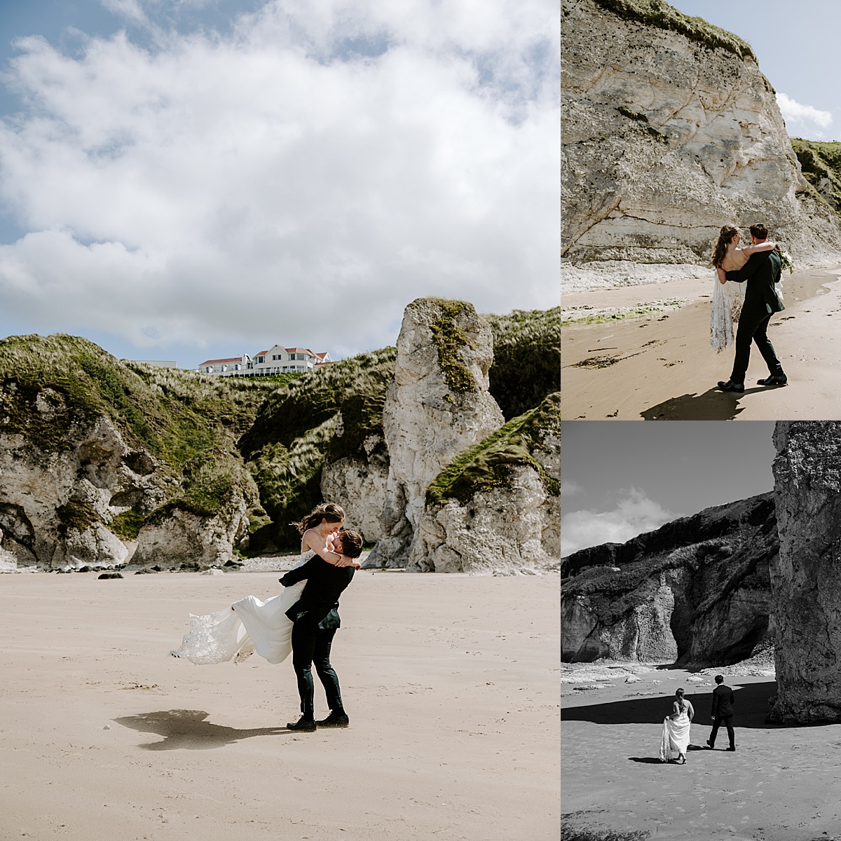 Groom carries bride across the beach in front of a cliff by Las Vegas Photographer