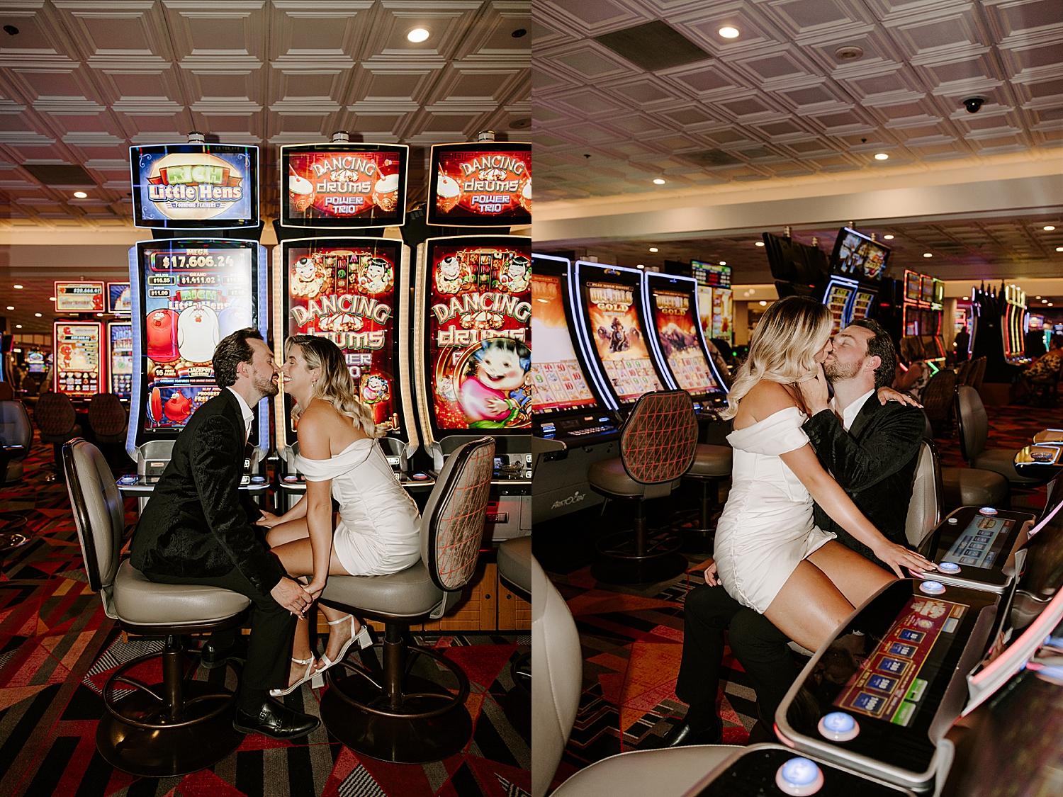 couple sits at slot machines and share a kiss by Katelyn Faye Photo