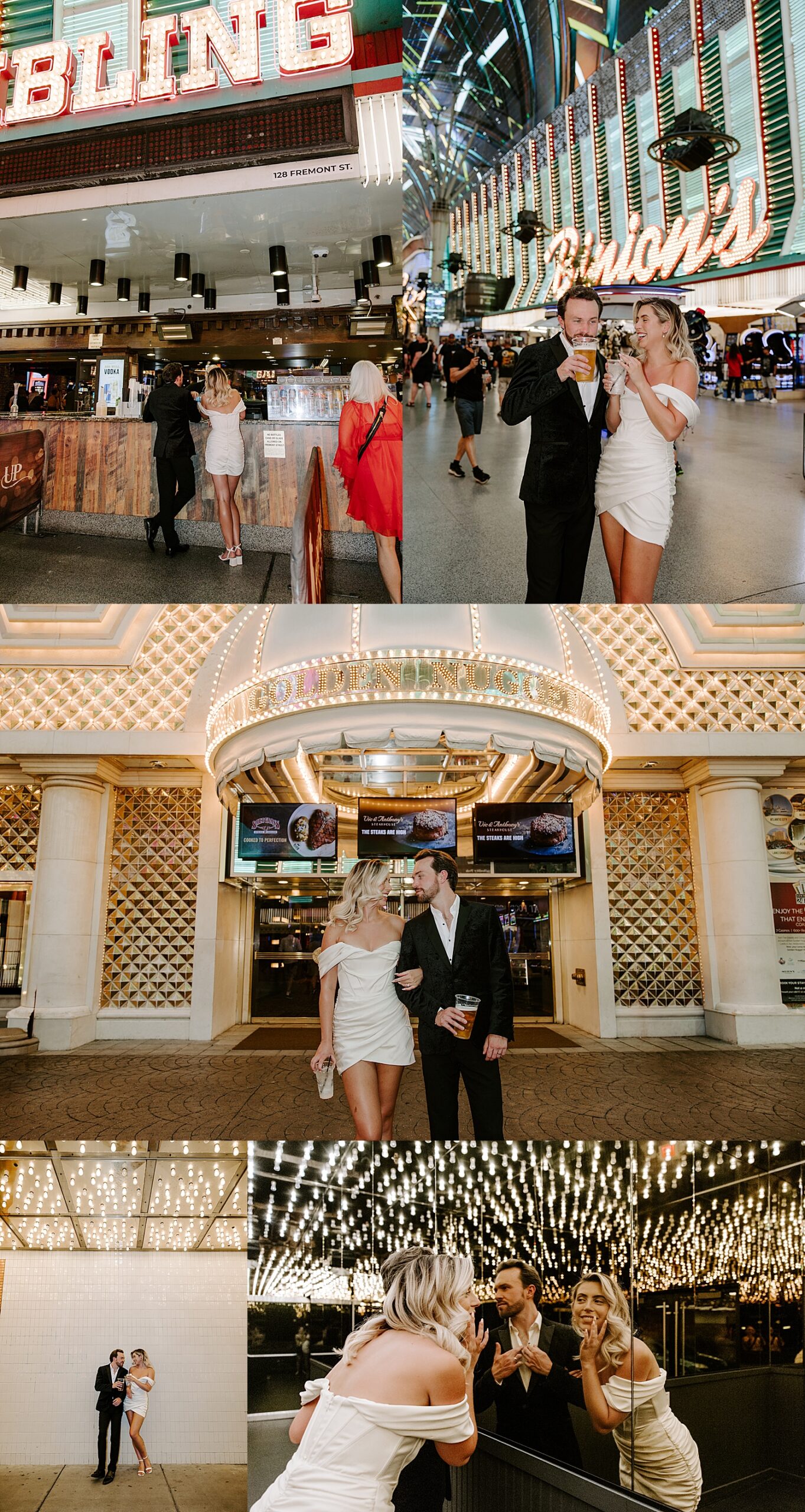couple share a drink on the street under lights by Las Vegas Wedding Photographer