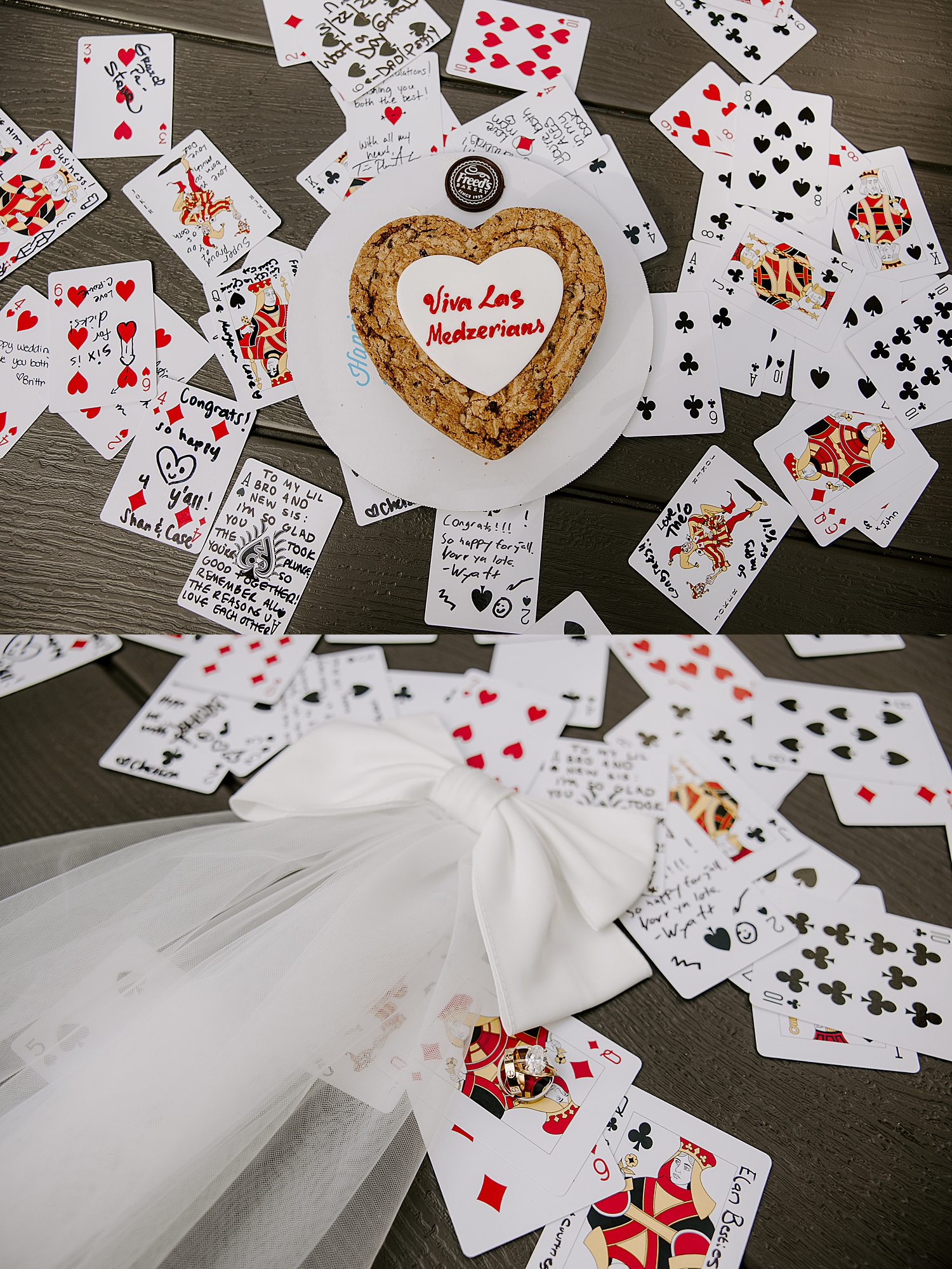 cookie elopement cake on playing cards on a table