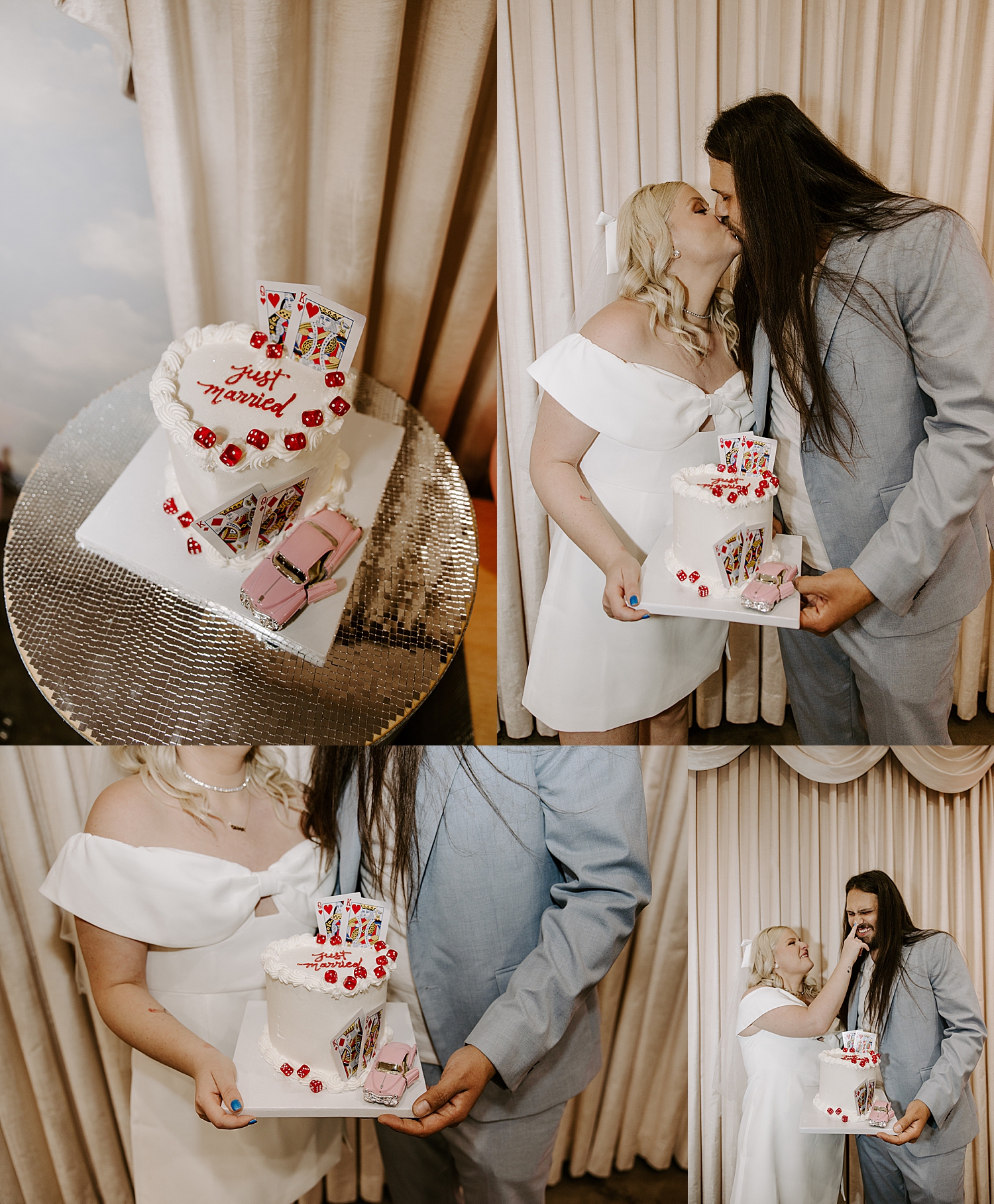 husband and wife hold up their elopement cake with cherries on top 