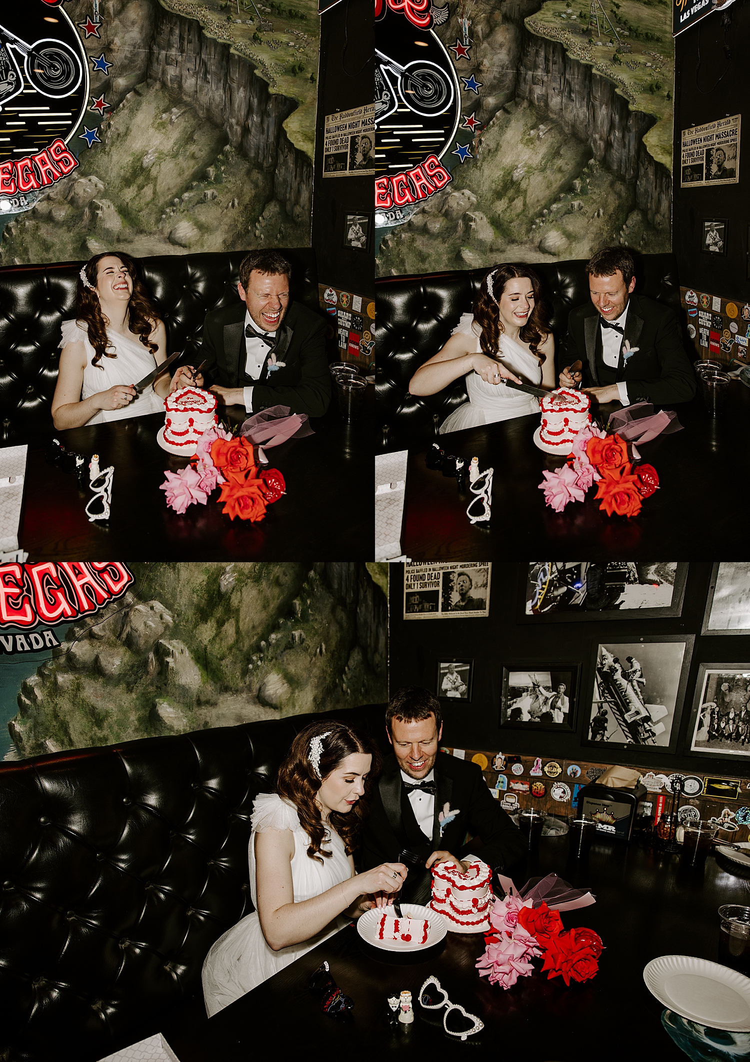 newlyweds feed each other a slice in a booth by Katelyn Faye Photography