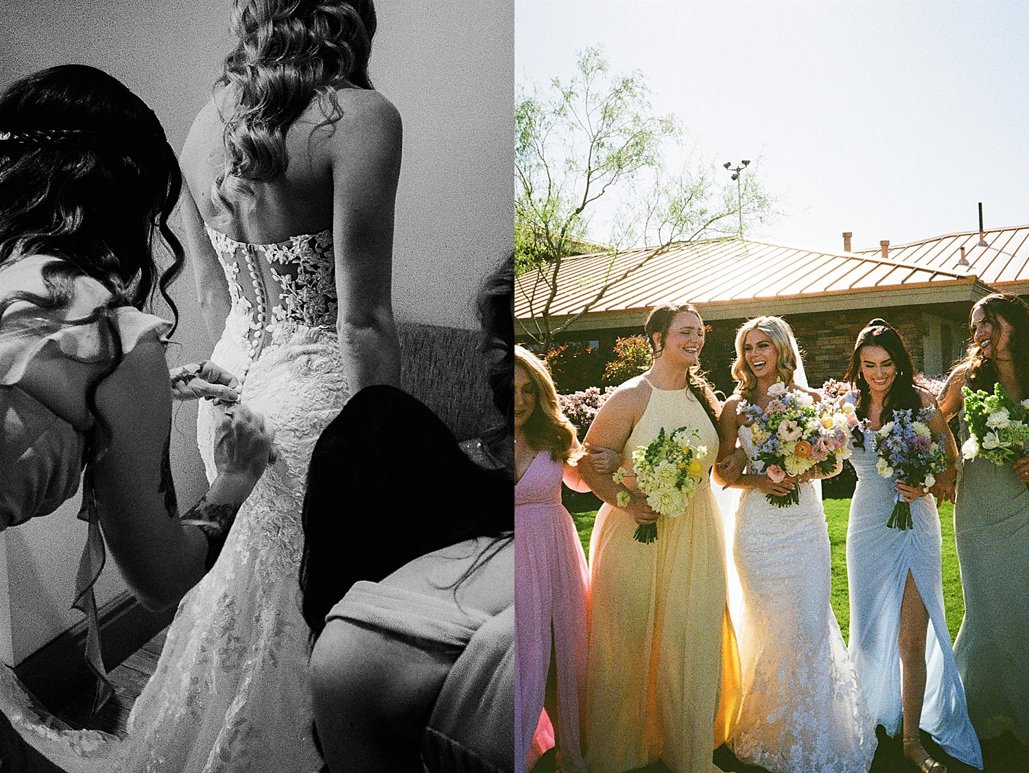 colorful bridesmaids walk with woman on her big day by Las vegas wedding photographer