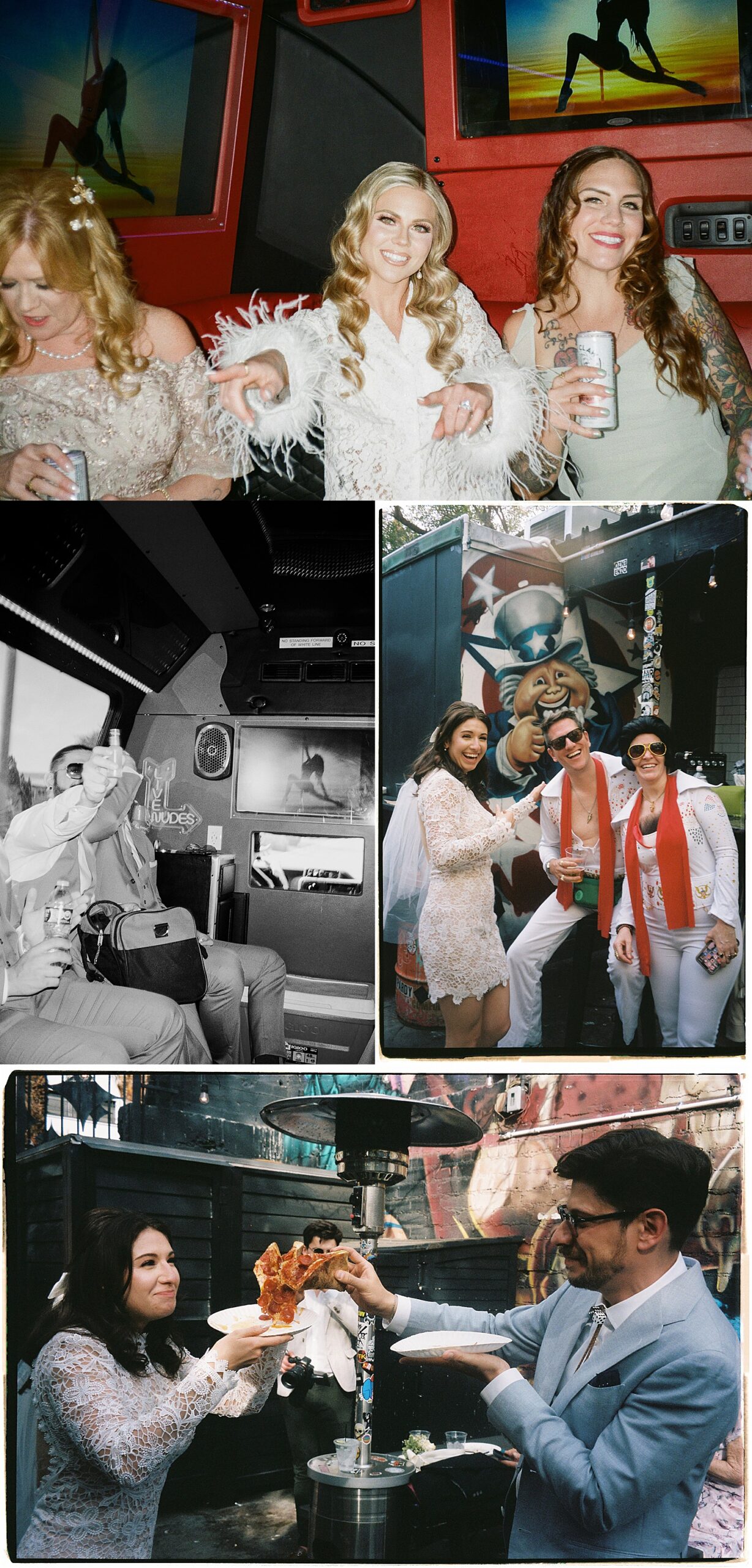 newlyweds pose with Elvis on the street after eating pizza by Katelyn Faye Photography