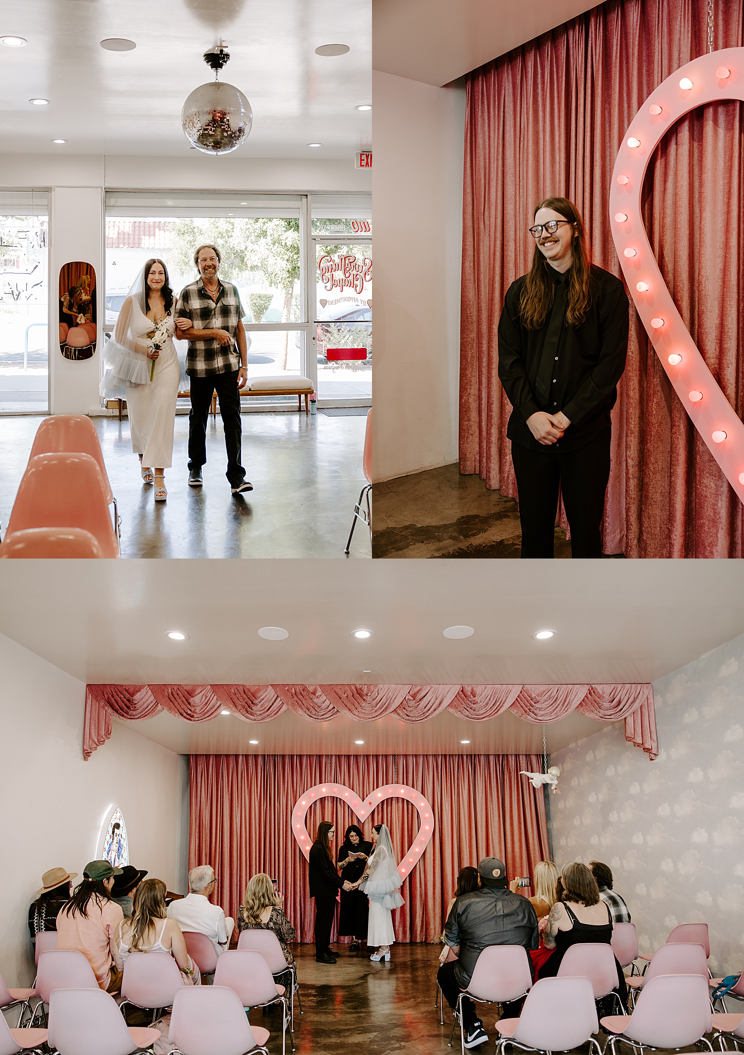 woman walks down aisle at Sure Thing Chapel rocking the vintage vibes