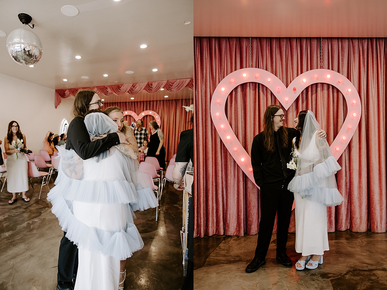 newlyweds stand in front of Neon Heart giving vintage vibes