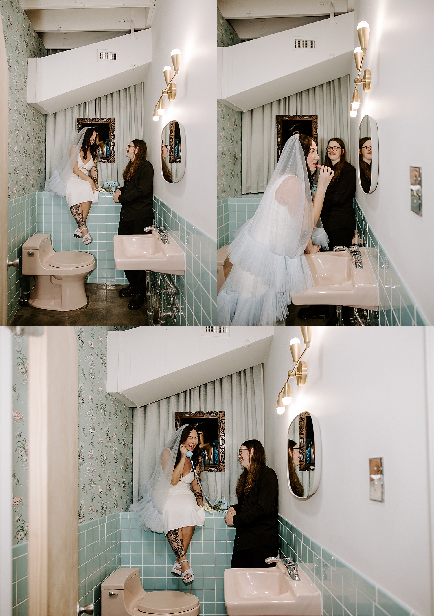 woman sits on blue bathroom ledge with husband by Katelyn Faye Photography