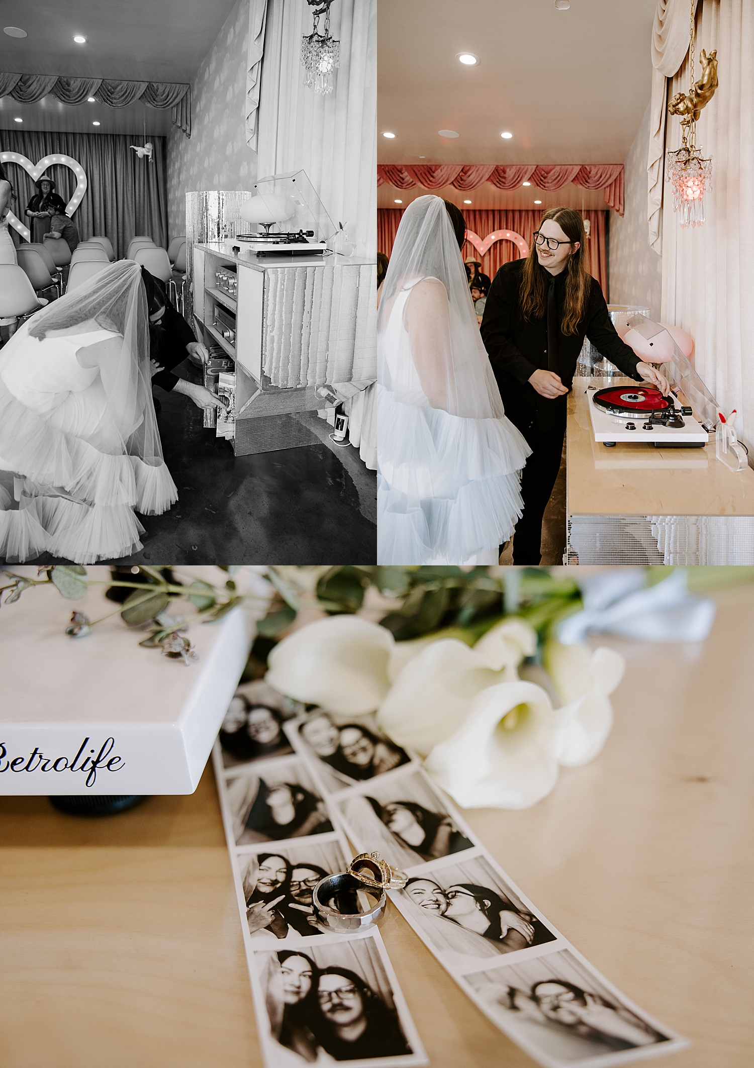 newlyweds put on a record together after ceremony by Las Vegas wedding photographer