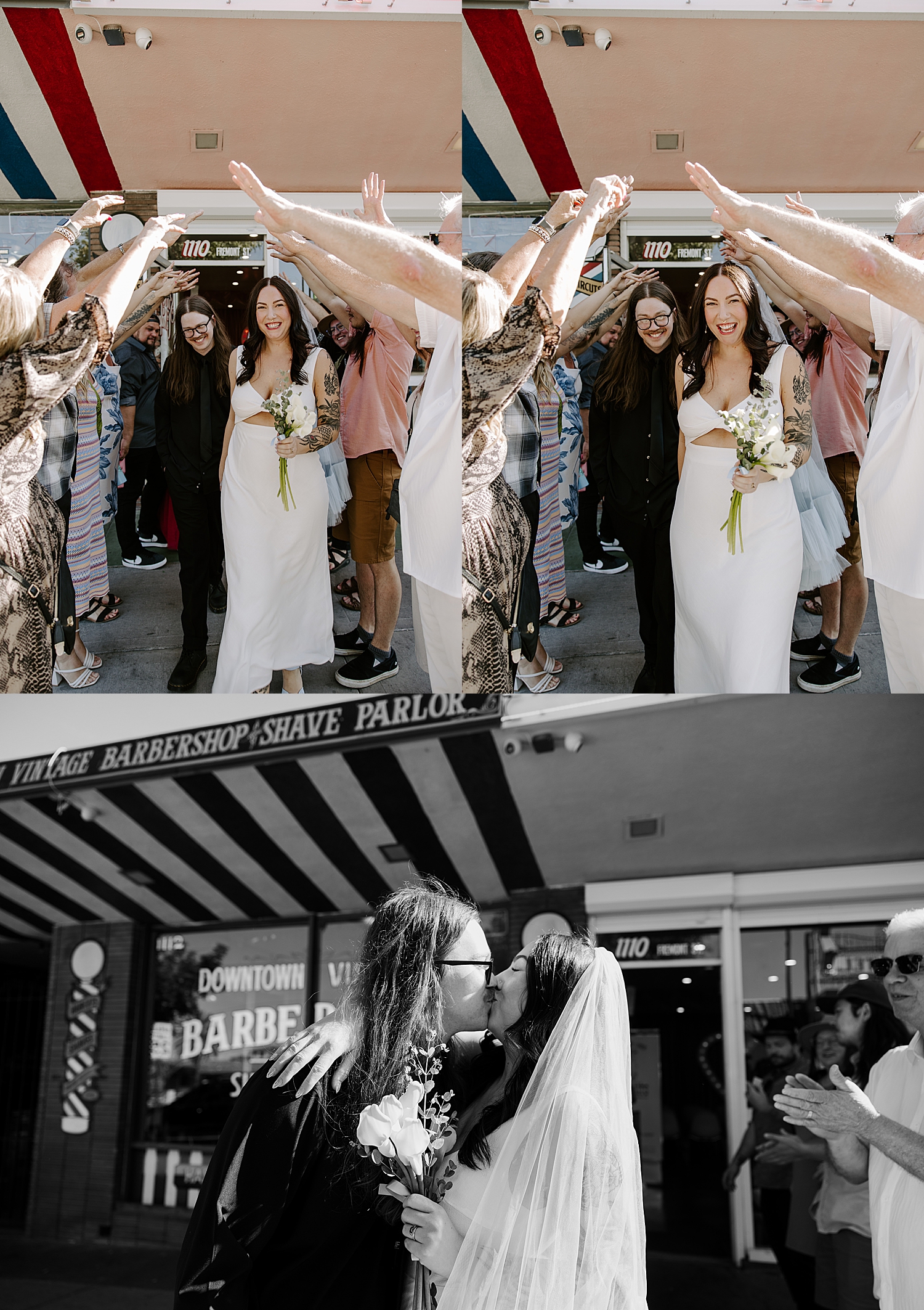 newlyweds walk through tunnel of arms by Katelyn Faye Photography
