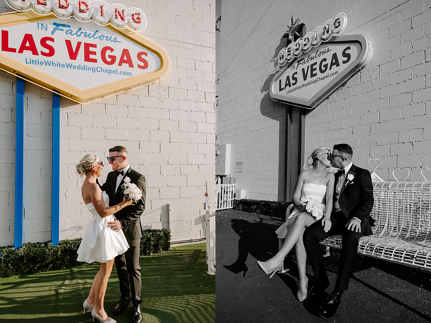 man and woman sit under timeless iconic sign by Las Vegas wedding photographer