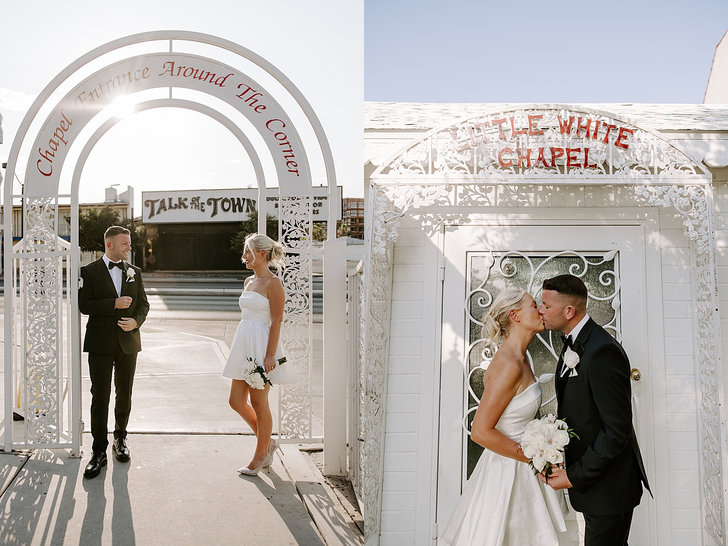 bride leans against archway looking at her man by Las Vegas wedding photographer