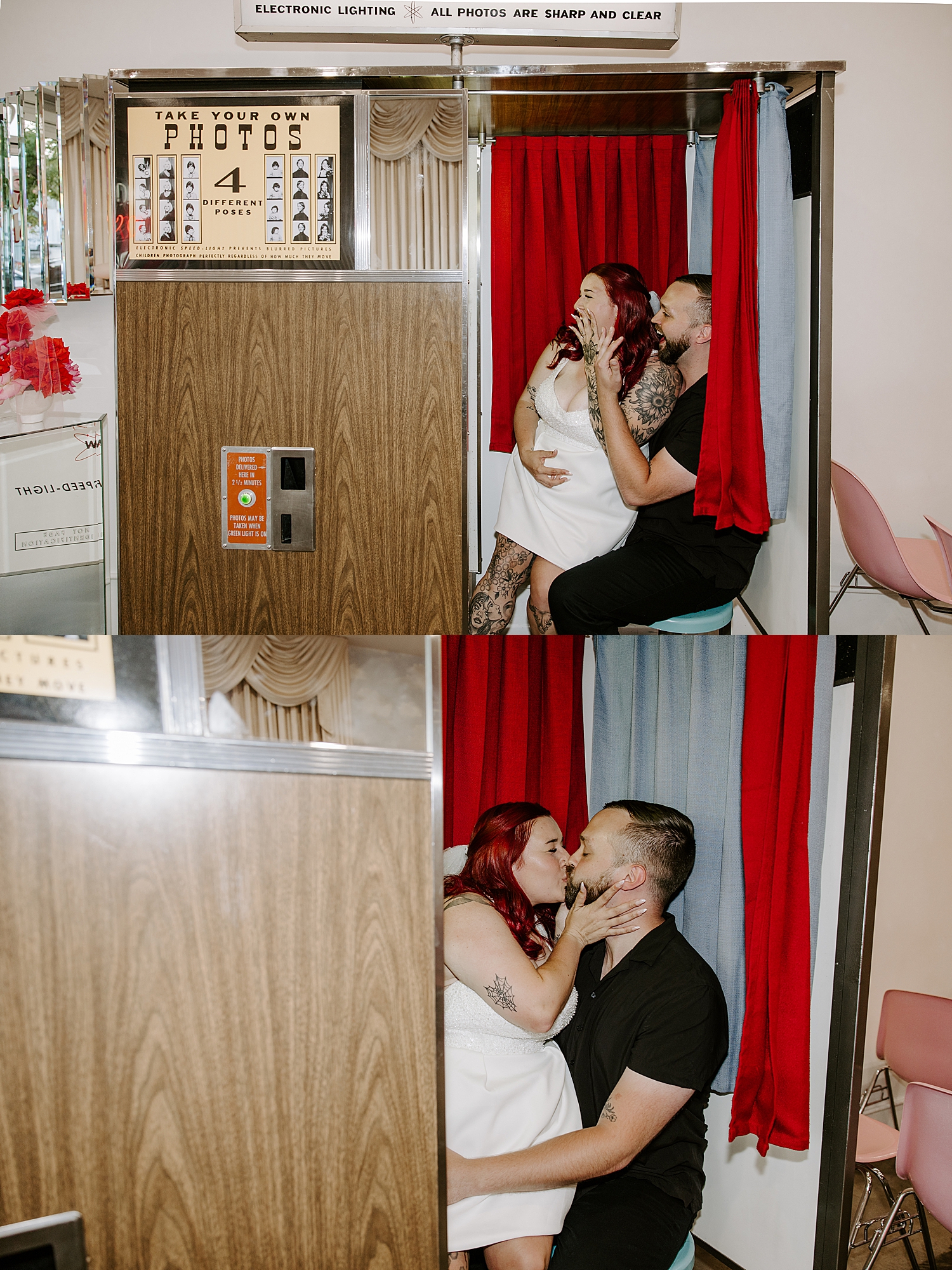 newlyweds hold up rings in photo booth by Las Vegas Elopement Photographer