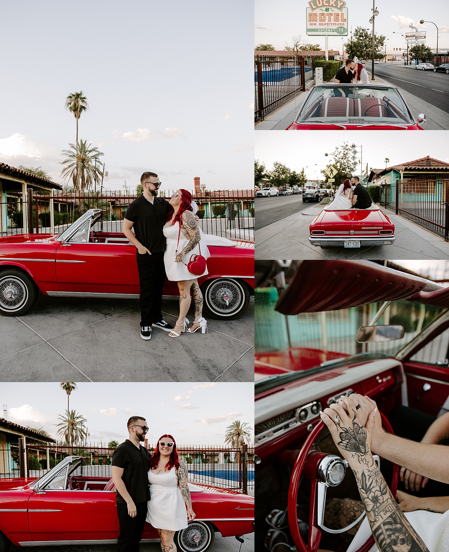 newlyweds snuggle together against red vintage car on the street