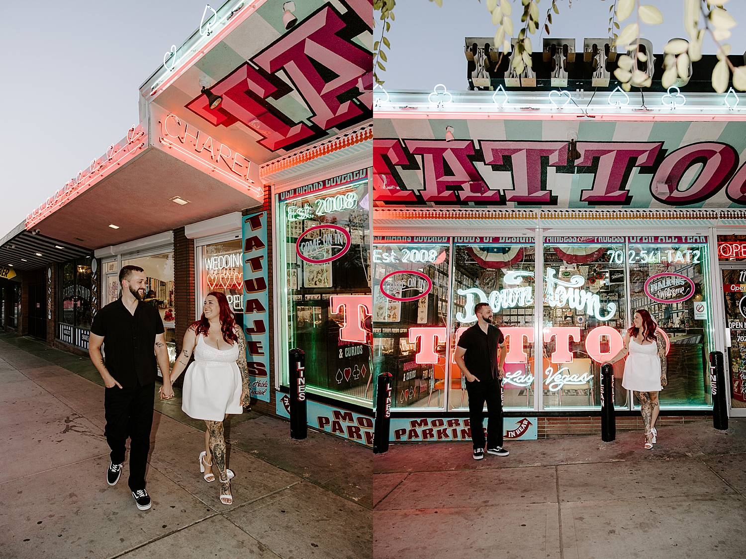newlyweds stop outside of tattoo shop by Las Vegas wedding photographer