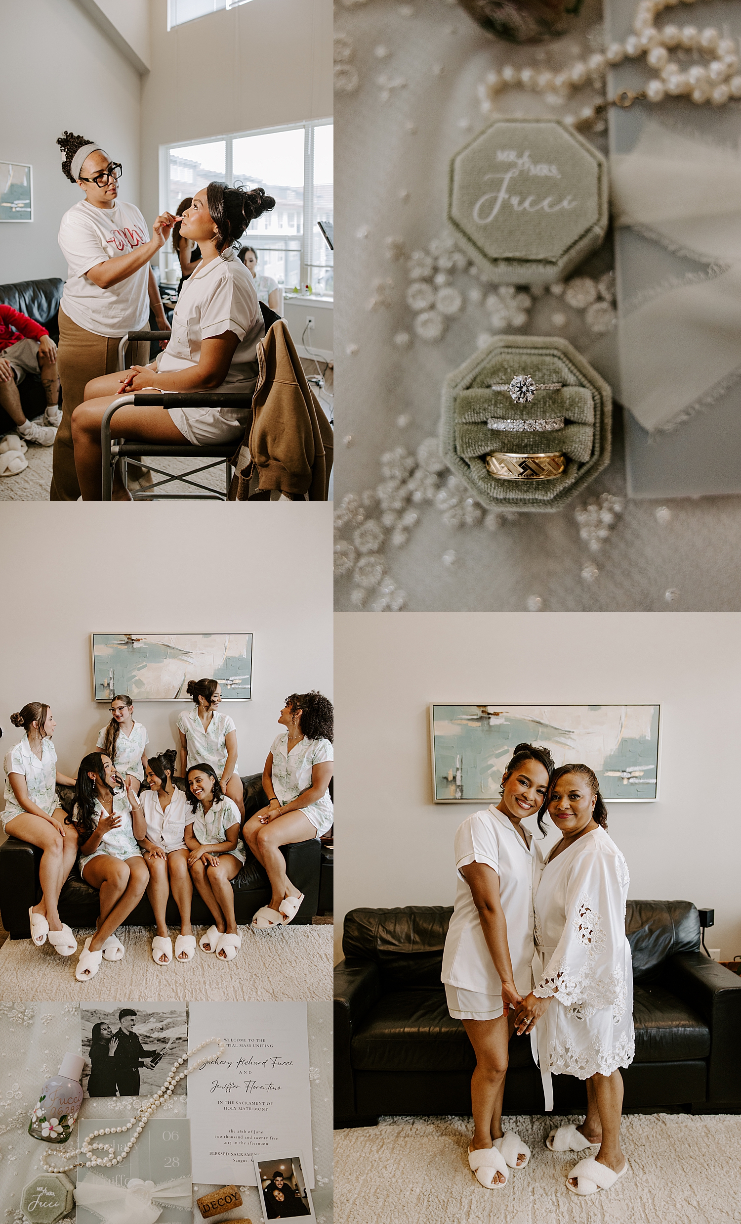 bride gets makeup put on in getting ready room for Boston Wedding