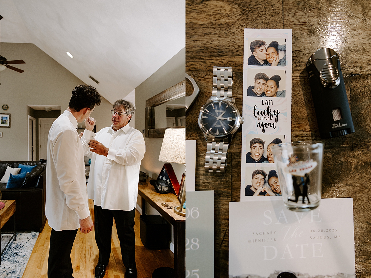 groom's father adjust his cufflinks for him at Boston Wedding