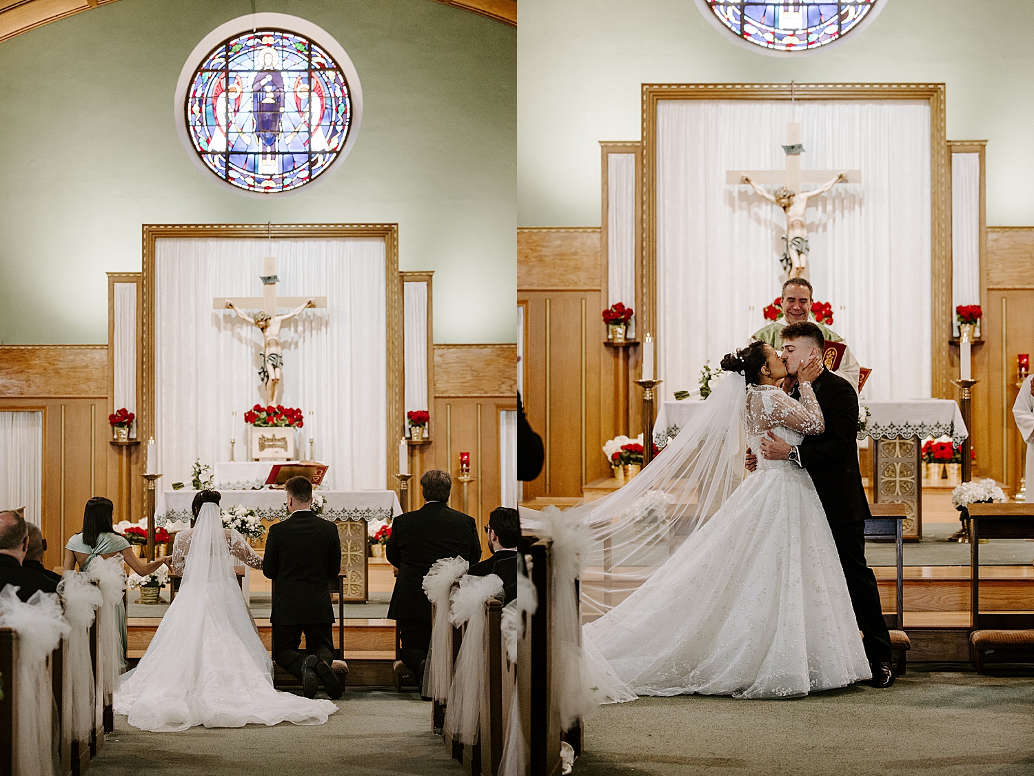 husband and wife share a first kiss during Catholic ceremony by Katelyn Faye Photography