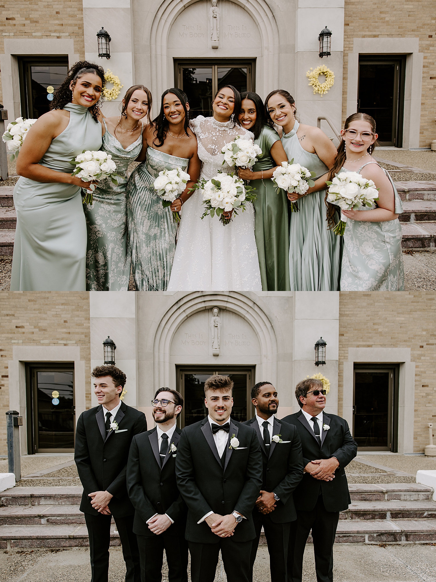 woman stands with her briesmaids in green dresses at Boston Wedding