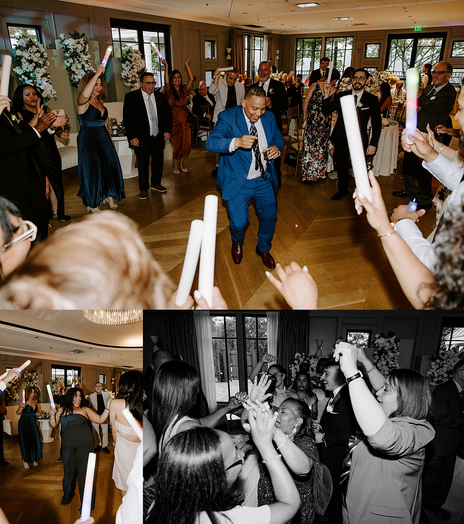 guests dance on the floor with light sticks by Destination Photographer