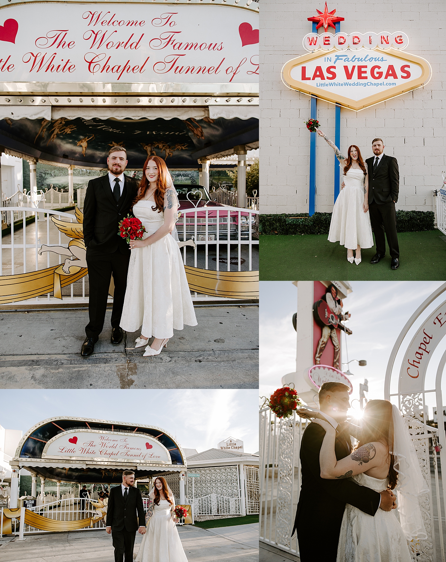 man and woman stand in front of Little White Chapel for vintage-inspired elopement