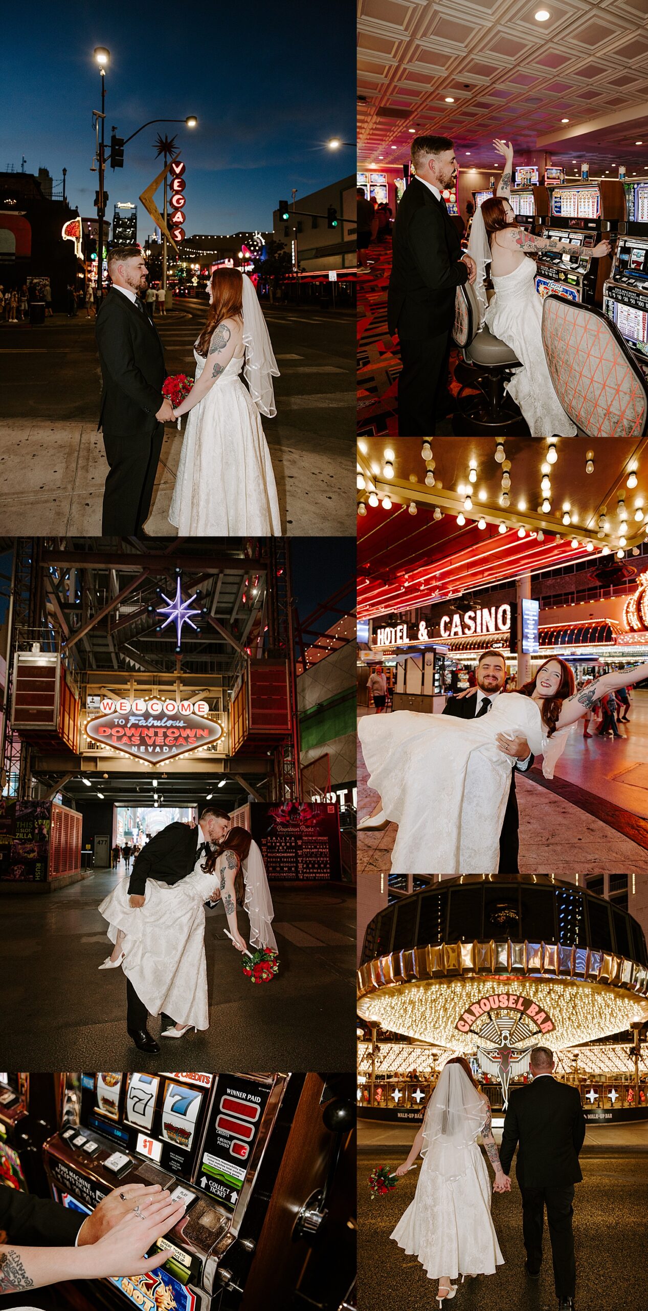 new husband and wife play the slot machines off Fremont Street for vintage-inspired elopement