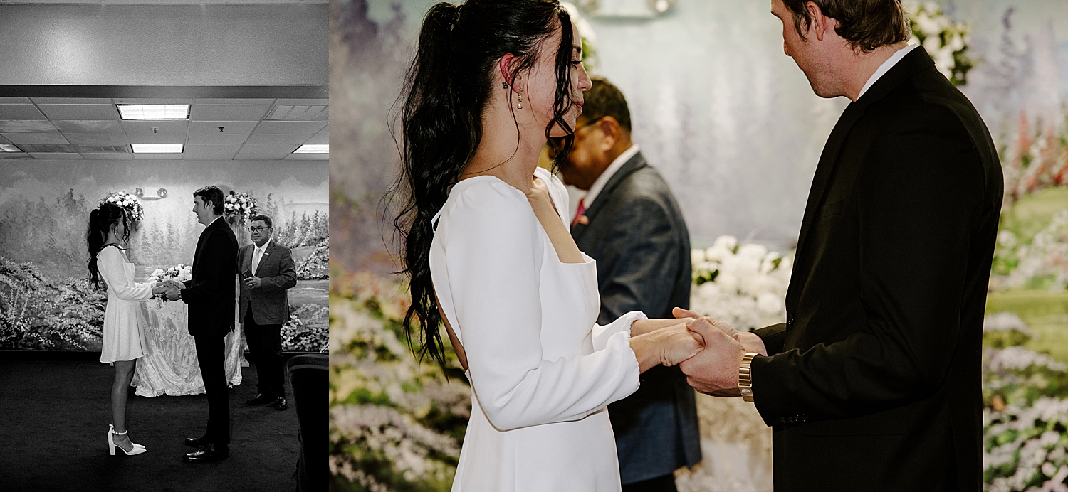 bride says I Do at the alter to groom by Nevada wedding photographer