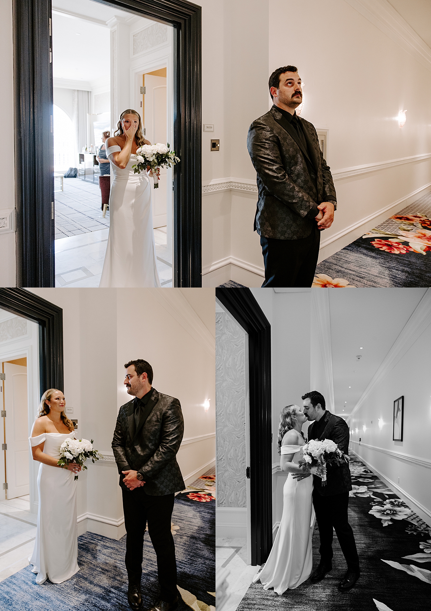 woman opens hotel room door for first look with groom by Katelyn Faye Photography