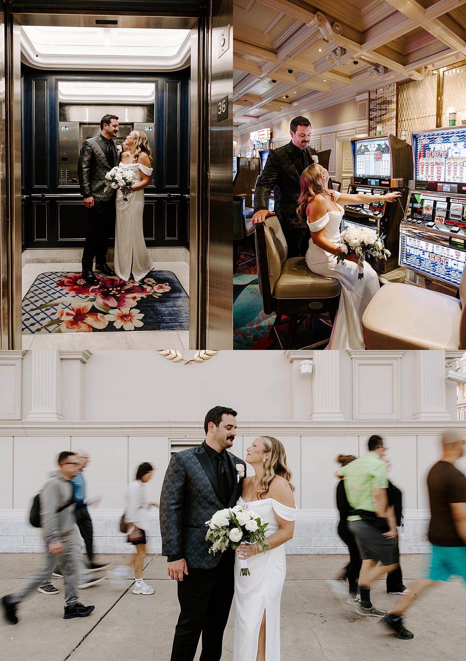 man and woman play slot machine together before ceremony by Las Vegas wedding photographer