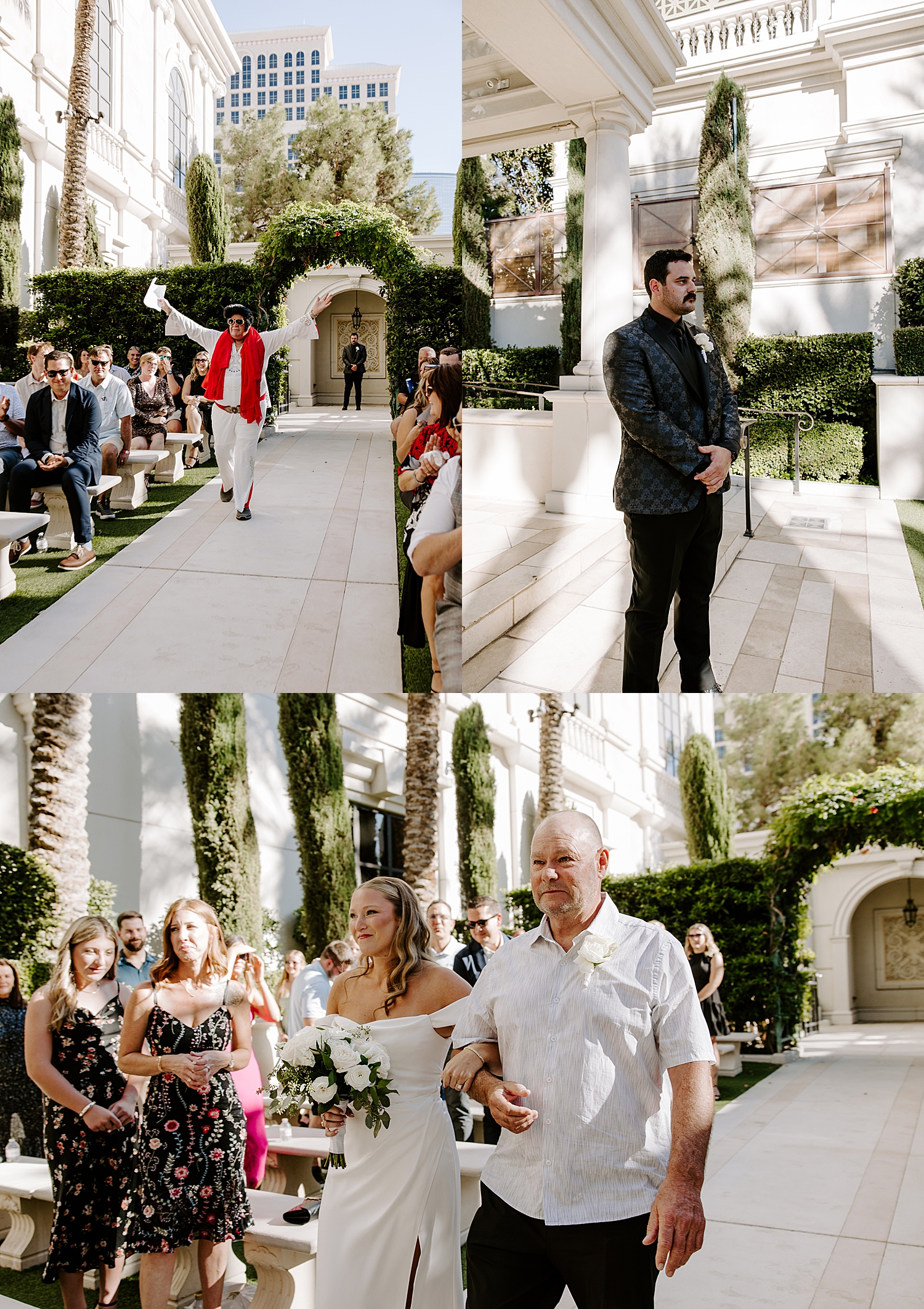 man waits at outdoor alter with Elvis by Las Vegas wedding photographer