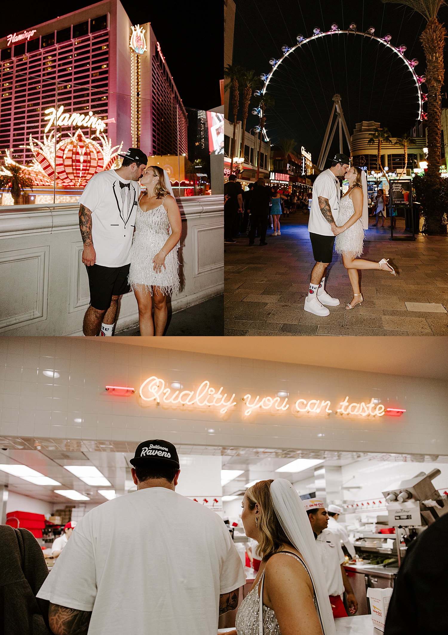 newlyweds steal a kiss on the sidewalk at the strip by Katelyn Faye Photography