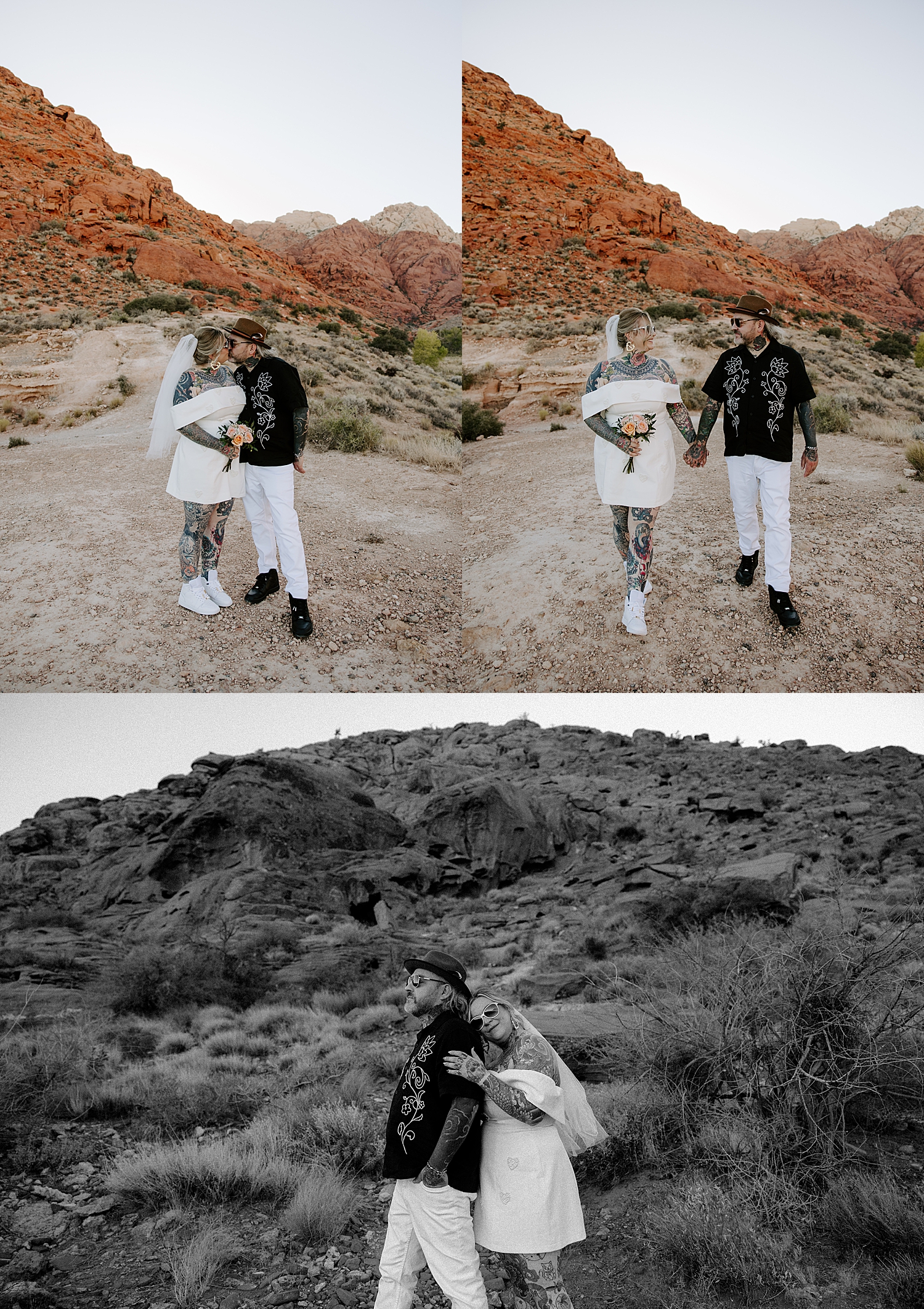 newlyweds share an embrace at red rocks at golden hour