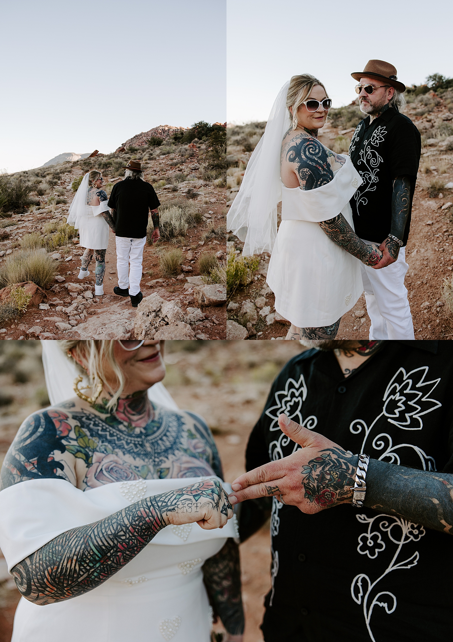 tattoo covered couple stand together at red rocks at golden hour