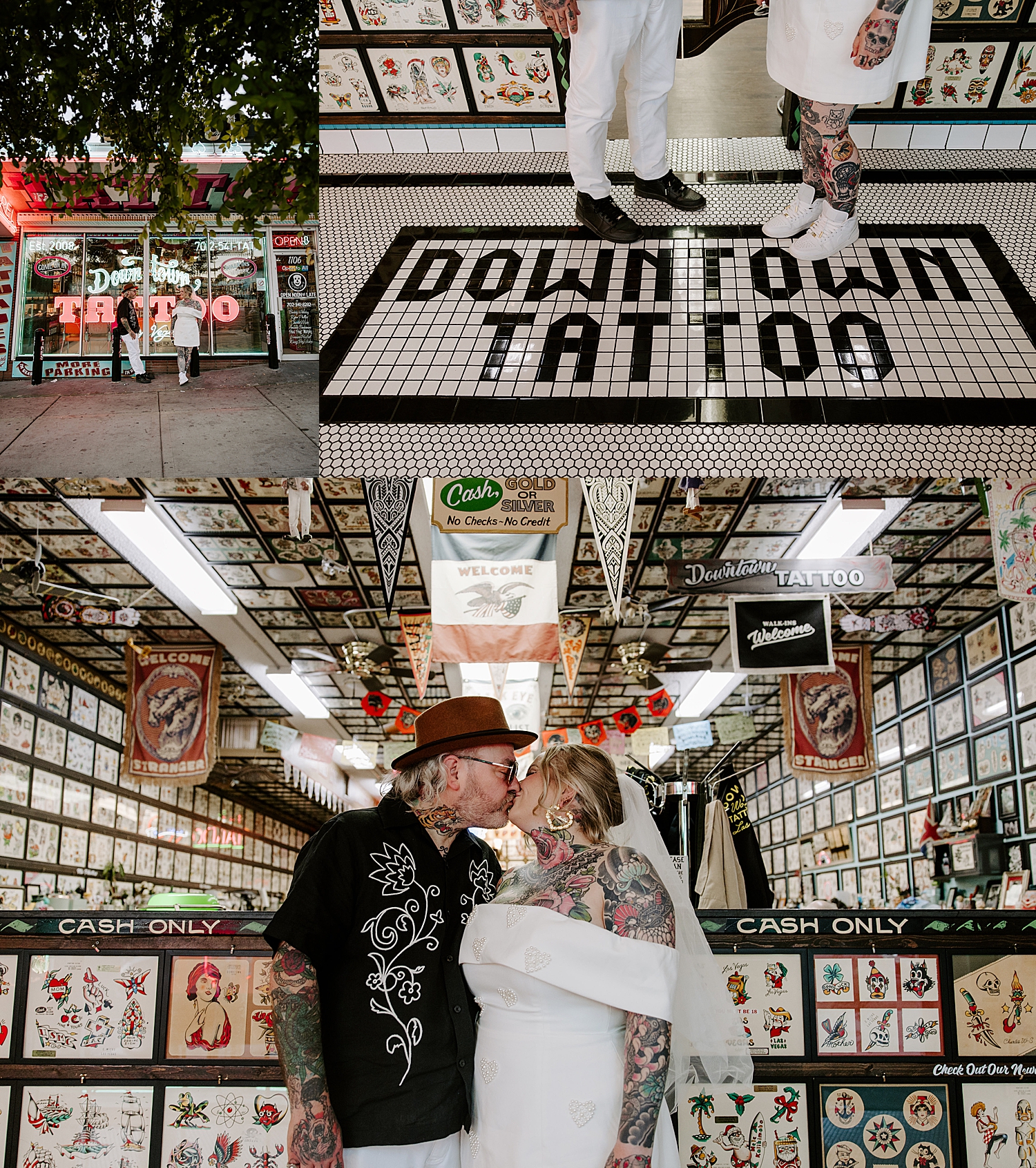 newlyweds share a kiss at tattoo parlor by Las Vegas Wedding Photographer
