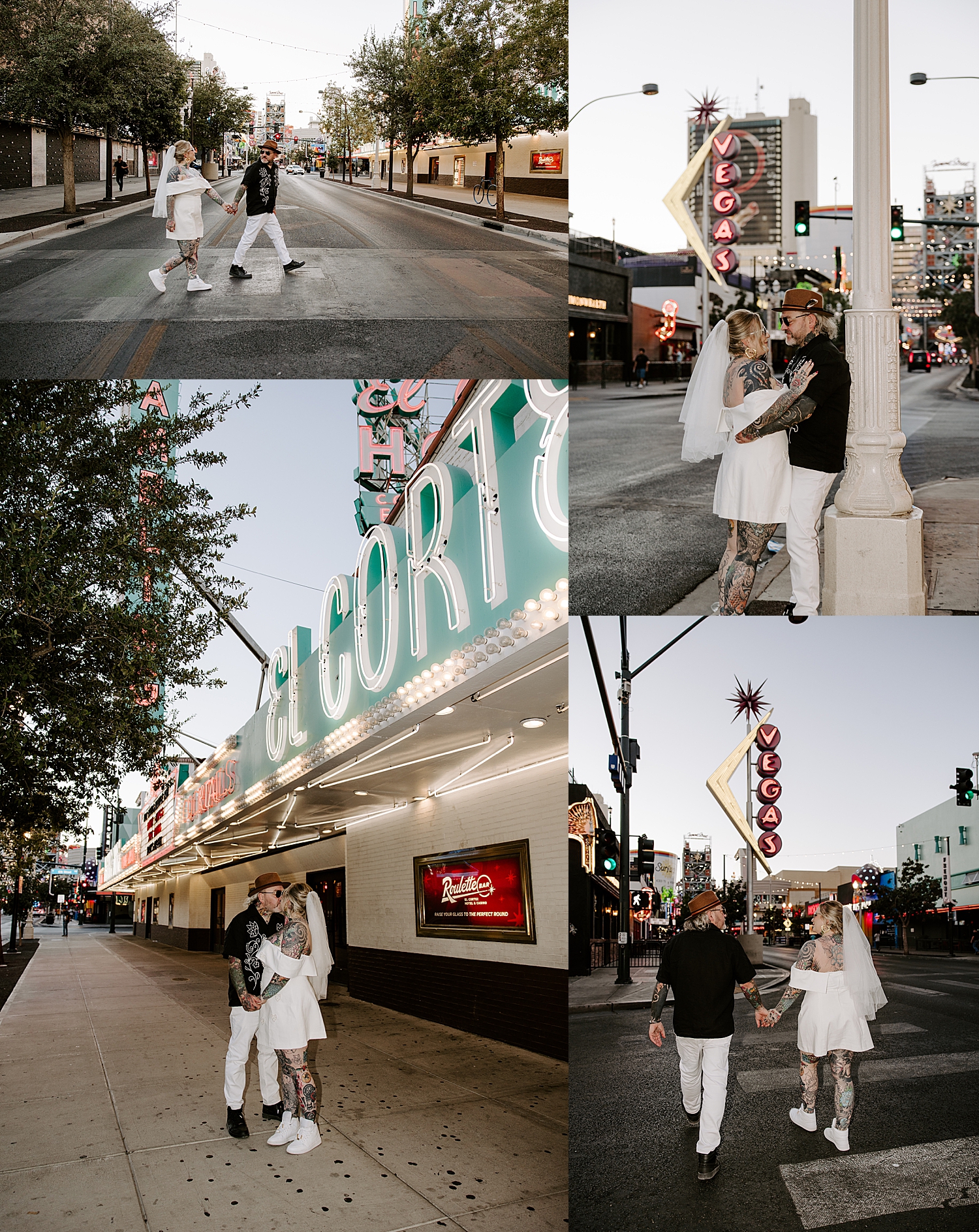 bride and groom walk down the streets under neon lights by Katelyn Faye Photography