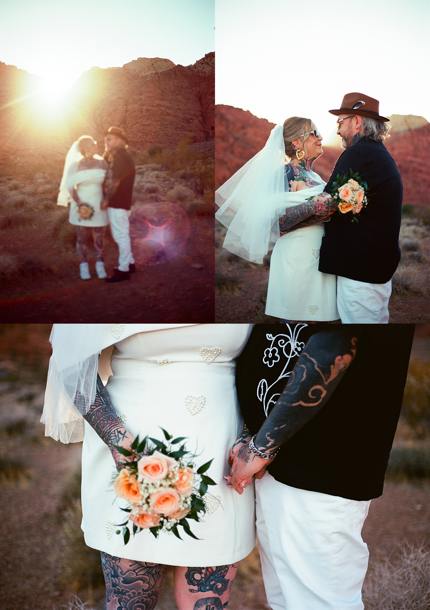 husband and wife share an intimate embrace at red rocks at golden hour