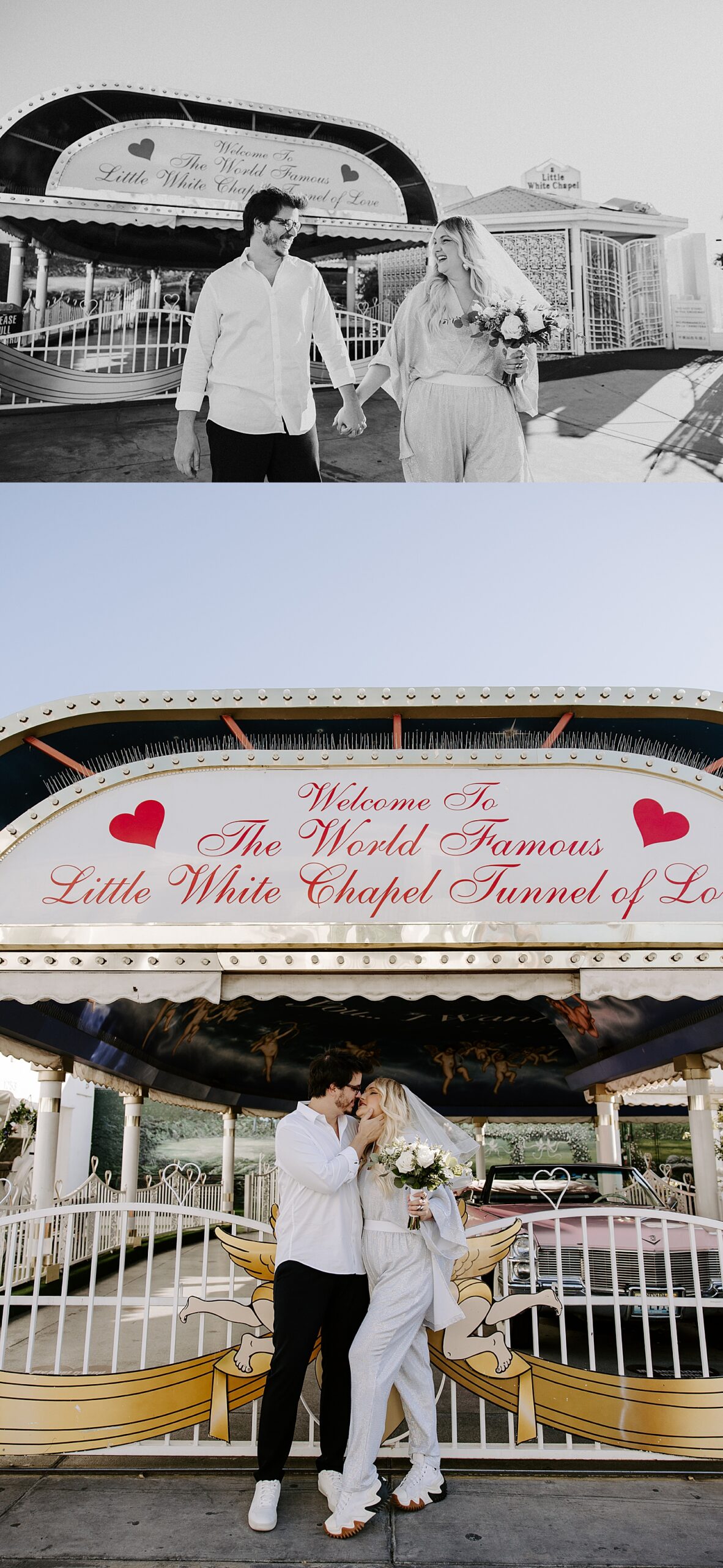 newlywes embrace in front of little white chapel sign during 2025 recap