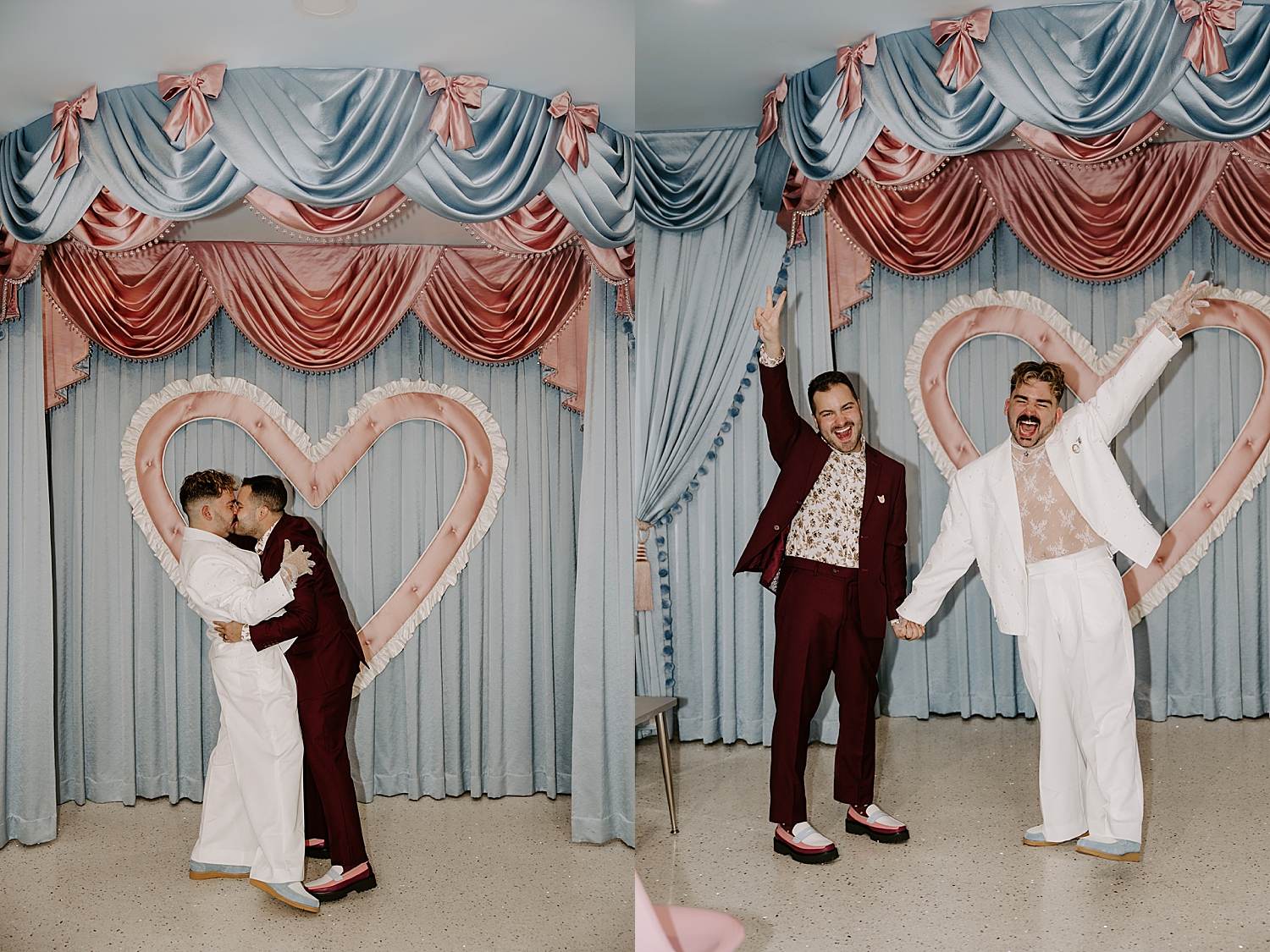 two men raise their hands to celebrate their nuptials at Sure Thing Too